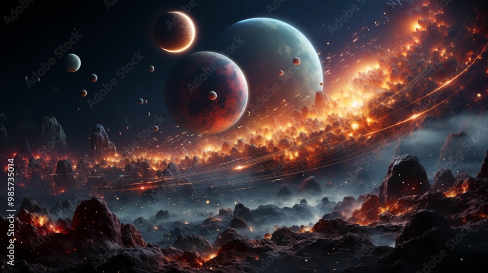 A colorful space scene with multiple planets and stars. A colorful space scene with multiple planets and stars.