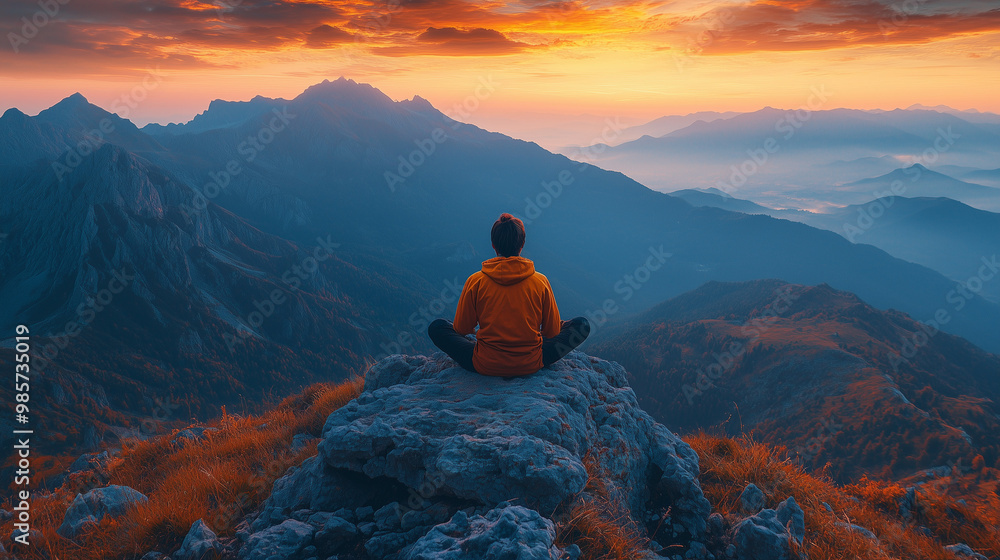 Fototapeta premium Person wearing yellow jacket meditating on top of a rock in the mountains overlooking a beautiful panorama in autumn