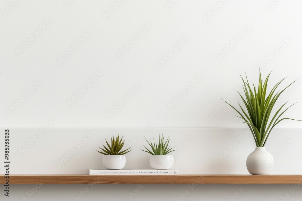 Three white vases with green plants on a shelf Three white vases with green plants on a shelf