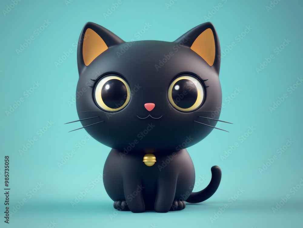 Obraz premium A cute cartoon illustration of a black cat with big round eyes and a small smile. The cat is sitting on a pink background. Perfect for children's books, greeting cards, and other cute designs