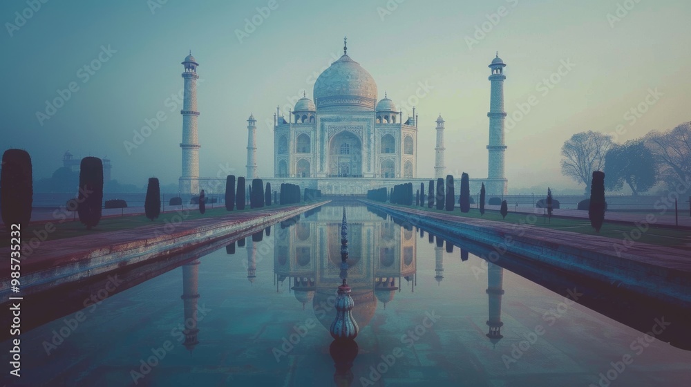 Obraz premium Majestic Taj Mahal Reflected in Tranquil Waters at Sunrise or Sunset