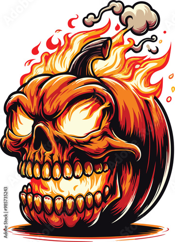 Adobe Illustrator Artwork Halloween vector illustration Craft a pumpkin transformed into a fiery skull