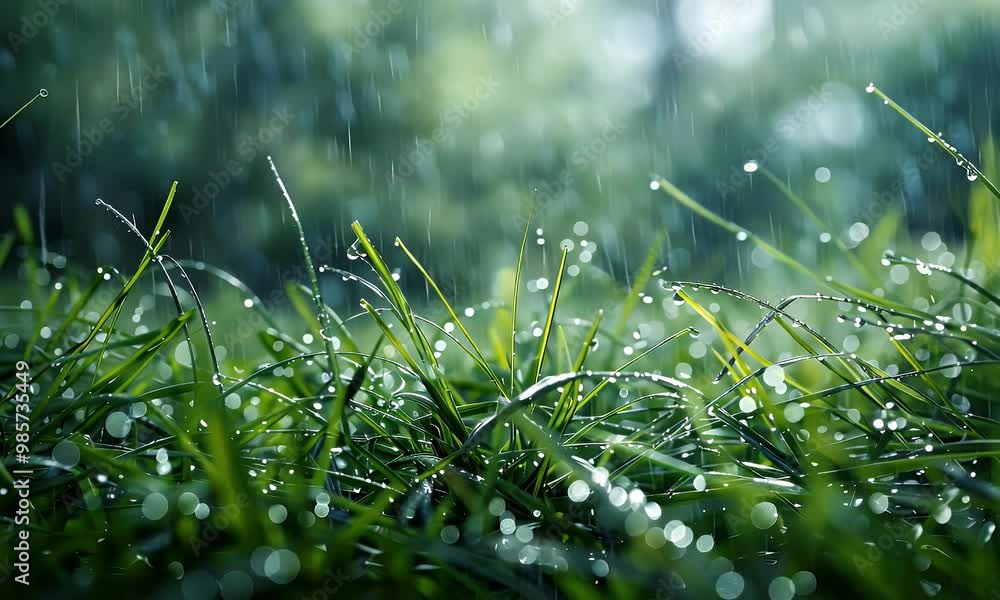 Rain Drops Falling on Lush Green Grass Blades with Bokeh Background - Relaxing Nature Sounds and Soothing Ambiance
