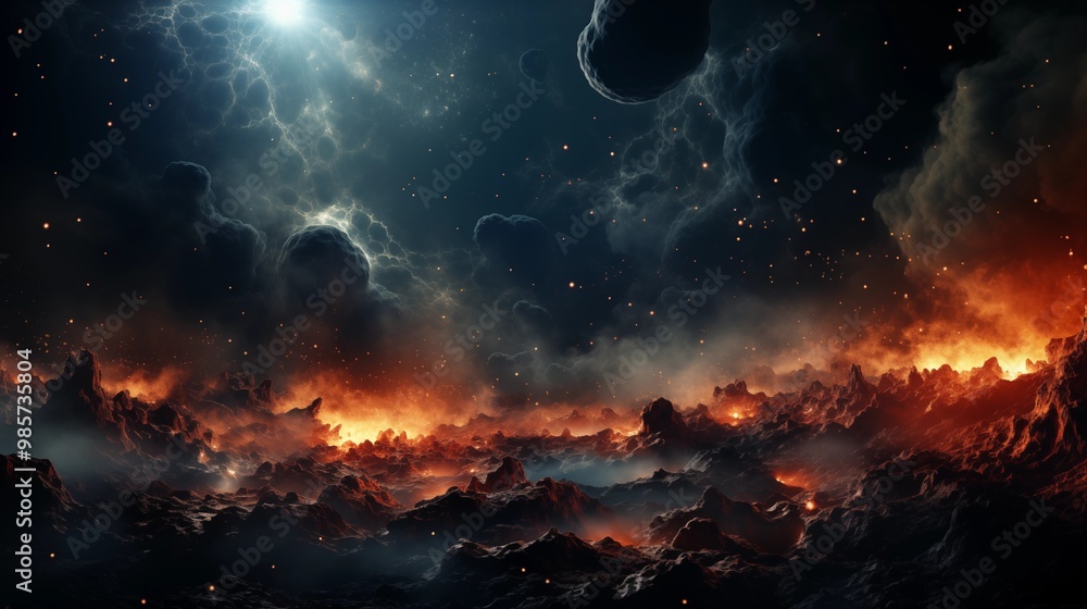 A nebula and a cluster of stars in outer space. A nebula and a cluster of stars in outer space.