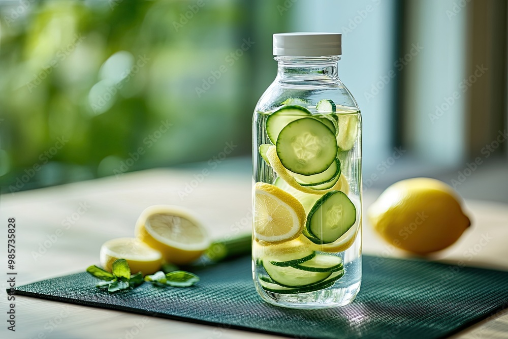 Infused water with cucumber and lemon slices in a glass bottle on a fitness mat Infused water with cucumber and lemon slices in a glass bottle on a fitness mat