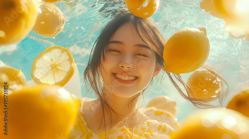 artistic and surreal scene of an Asian girl smiling surrounded by floating Lemons in a dreamlike setting, with bright, vibrant colors and an ethereal, fantasy photo