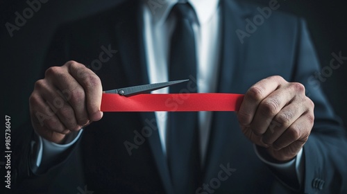 A businessman cutting through red tape with scissors, trying to free up blocked trade, bureaucratic obstacle, international trade solution
