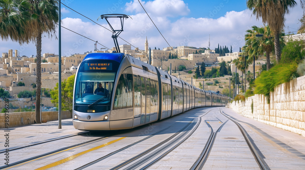 Obraz premium A modern blue line tram moves through the streets of Jerusalem, surrounded by historic buildings and palm trees under a bright sky