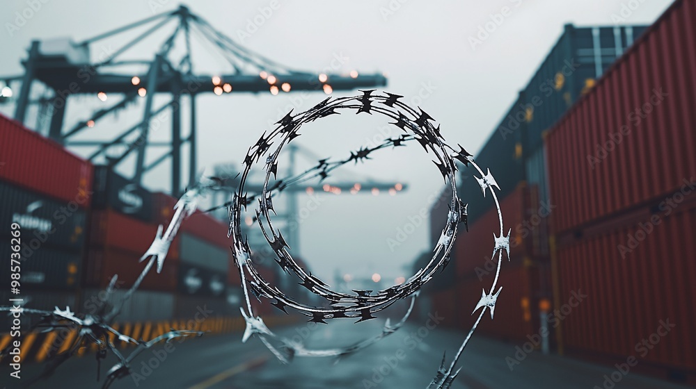 A shipping port with cranes idle and cargo containers trapped behind barbed wire, port lockdown, trade restriction A shipping port with cranes idle and cargo containers trapped behind barbed wire, port lockdown, trade restriction