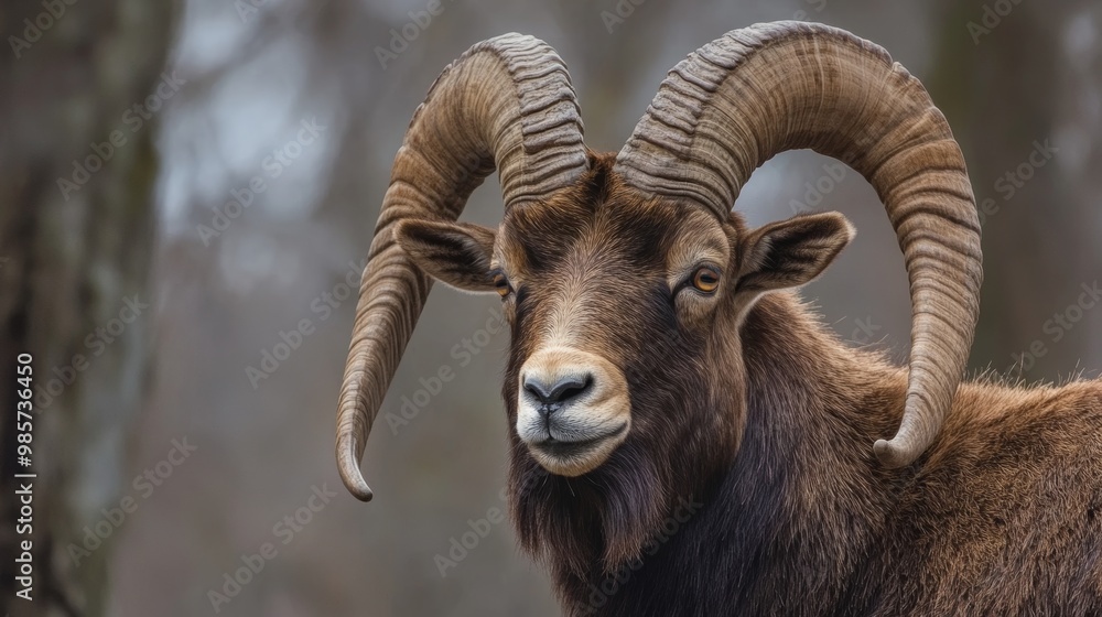 Majestic Wild Mountain Ram Standing Tall on Rocky Cliff in Snowy Woodland Habitat Majestic Wild Mountain Ram Standing Tall on Rocky Cliff in Snowy Woodland Habitat