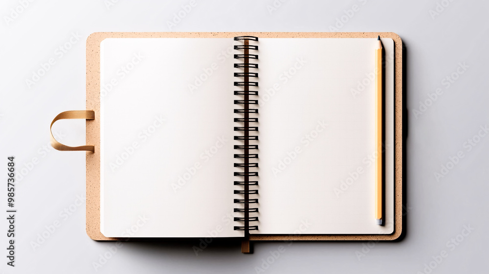 Open page juggler notebook or sketchbook mockup with pencil Open page juggler notebook or sketchbook mockup with pencil
