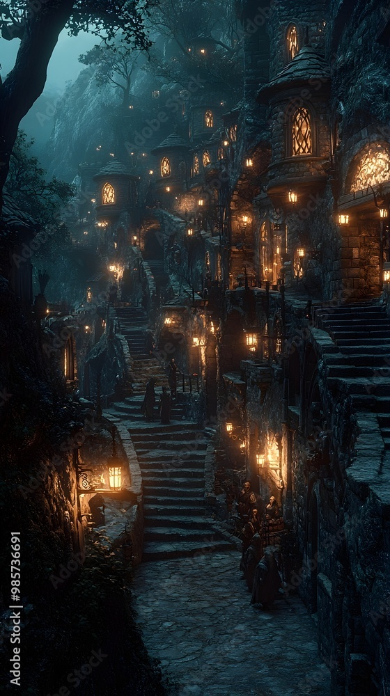 Fototapeta premium A mysterious, cobblestone path winds through a fantastical village, lit by warm lanterns and shrouded in a mystical mist.