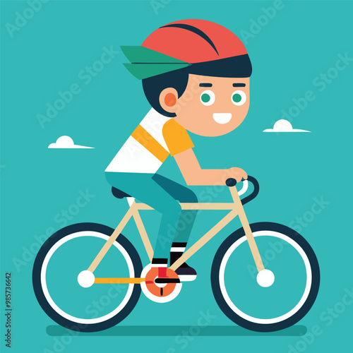 Cartoon Boy Riding a Bicycle with Helmet in Flat Design