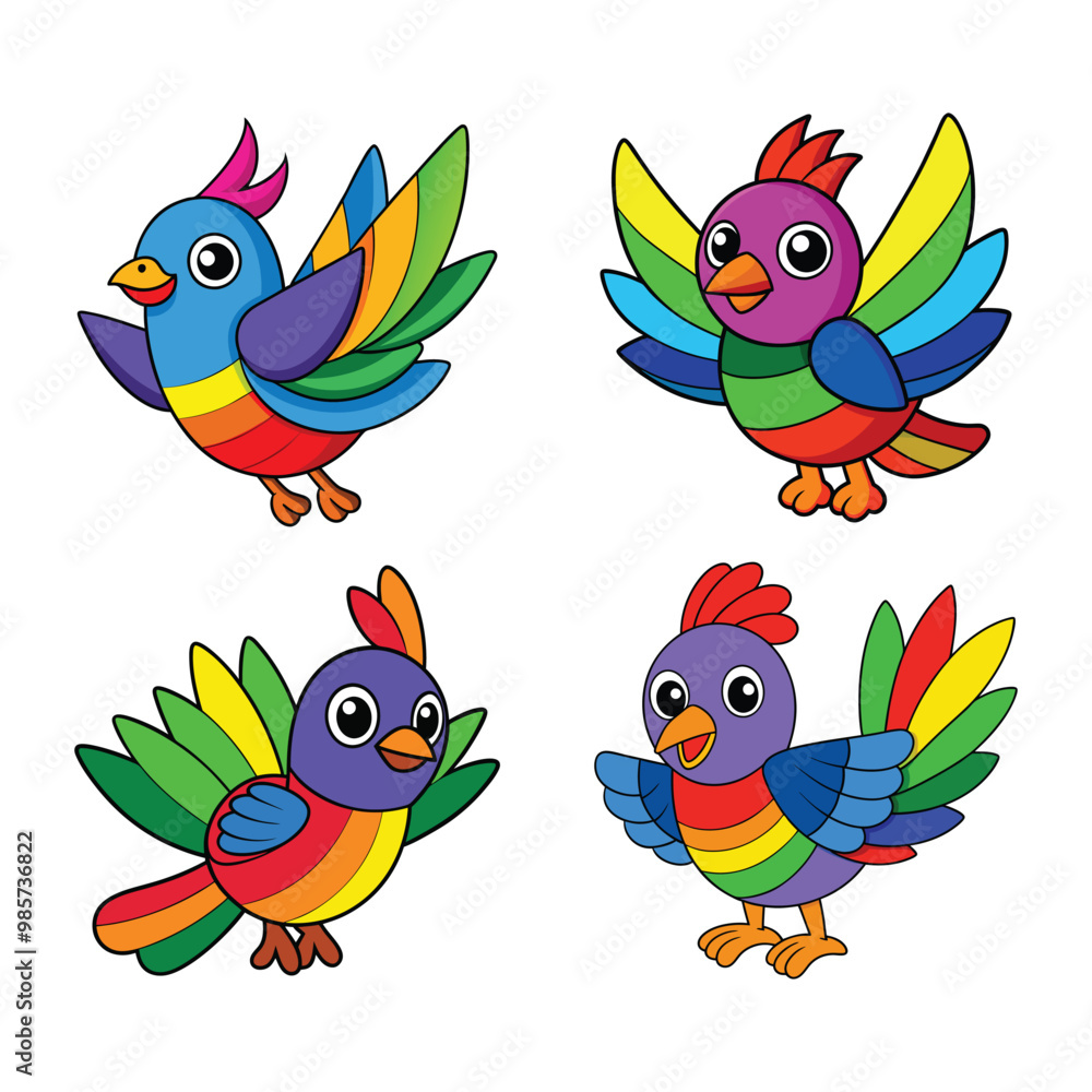 Colorful Cartoon Birds with Rainbow Feathers Colorful Cartoon Birds with Rainbow Feathers