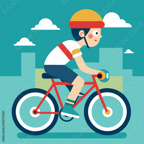 Flat Design Illustration of a Boy Riding a Bicycle in an Urban Environment with Helmet