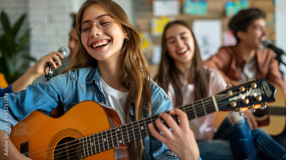 Fototapeta premium Joyful Teen Playing Guitar with Friends Enjoying Music