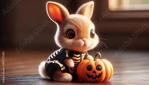 Bunny in Skeleton Costume Holding a Pumpkin photo