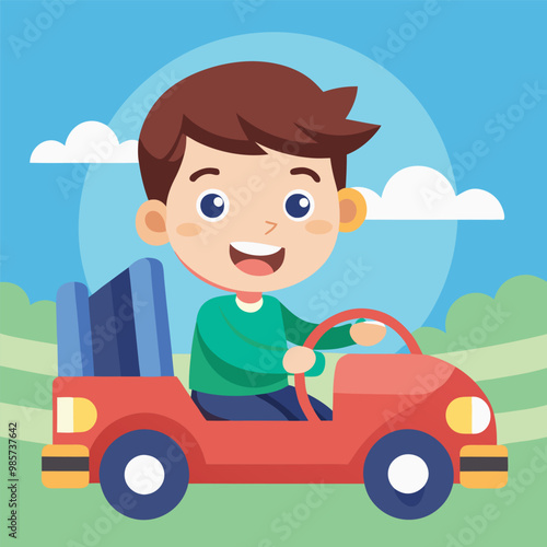 Smiling Boy Driving a Toy Car in a Flat Cartoon Style