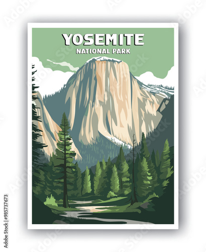 Yosemite, National Park Illustration Art. Travel Poster Wall Art. Minimalist Vector art