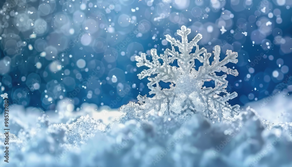 A Single Snowflake in a Snowy Landscape with a Blue Bokeh Background A Single Snowflake in a Snowy Landscape with a Blue Bokeh Background