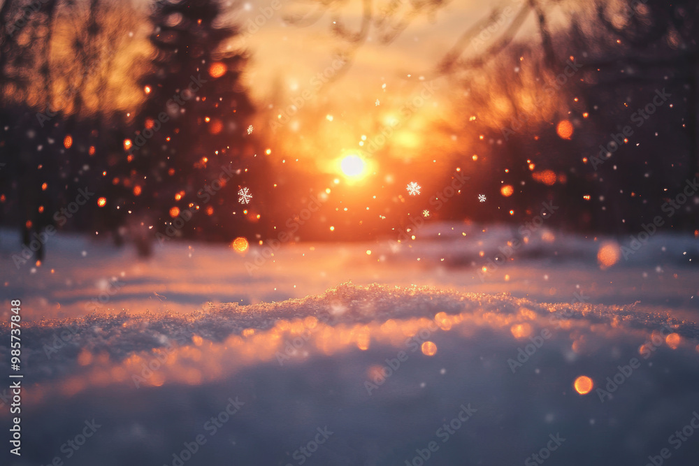 Naklejka premium Golden winter sunset with delicate snowflakes