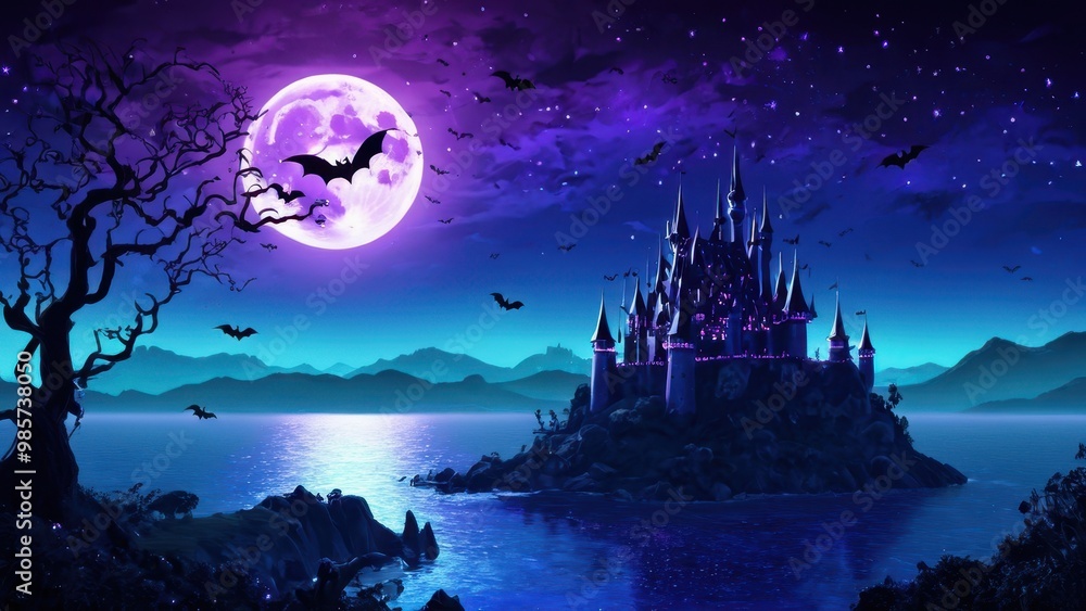 A gothic castle towers over a cliff under a vibrant purple moon, with bats swarming the night sky in this eerie, magical landscape A gothic castle towers over a cliff under a vibrant purple moon, with bats swarming the night sky in this eerie, magical landscape