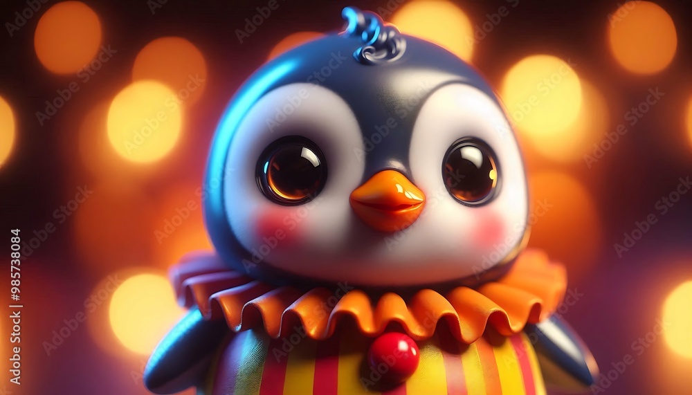 Adorable Penguin in a Clown Costume with Glowing Background Adorable Penguin in a Clown Costume with Glowing Background