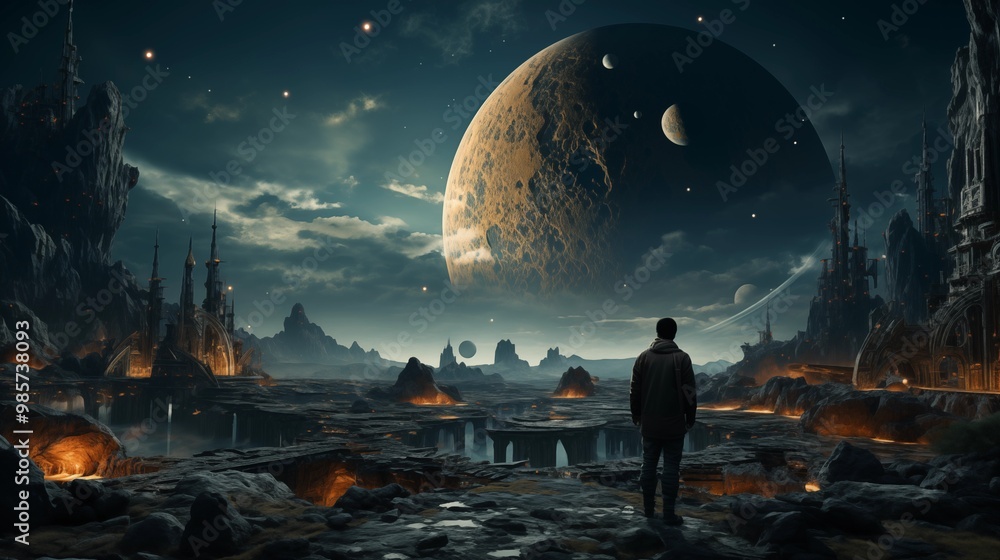 Obraz premium An Astronaut standing on the moon looking at a large earth.