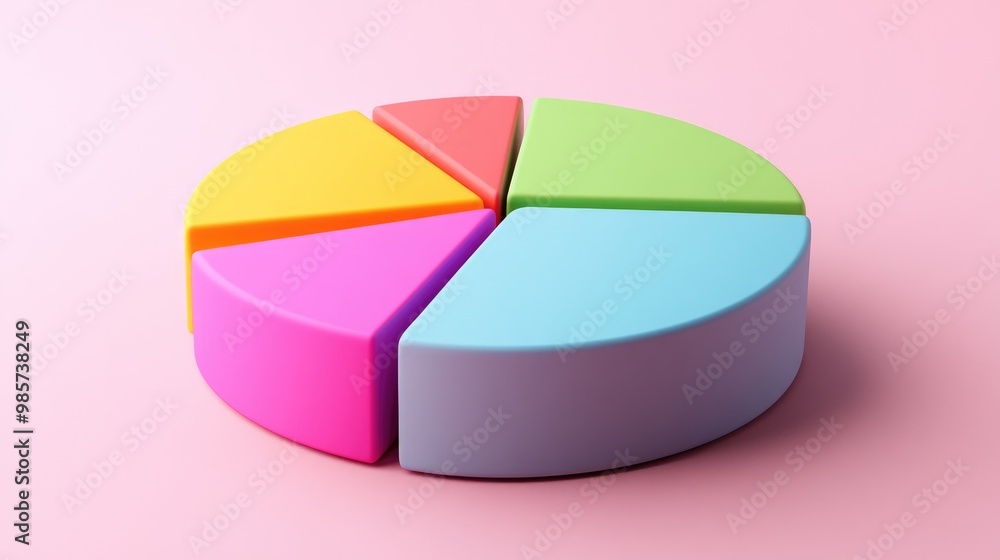 Obraz premium Colorful 3D pie chart with six sections on pink background.