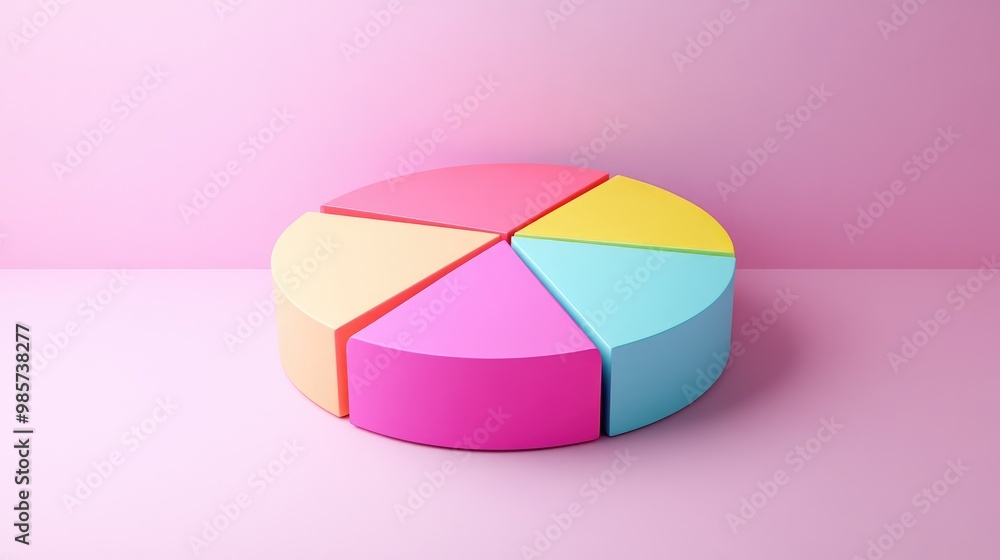 A colorful pie chart with six segments on a pink background. A colorful pie chart with six segments on a pink background.
