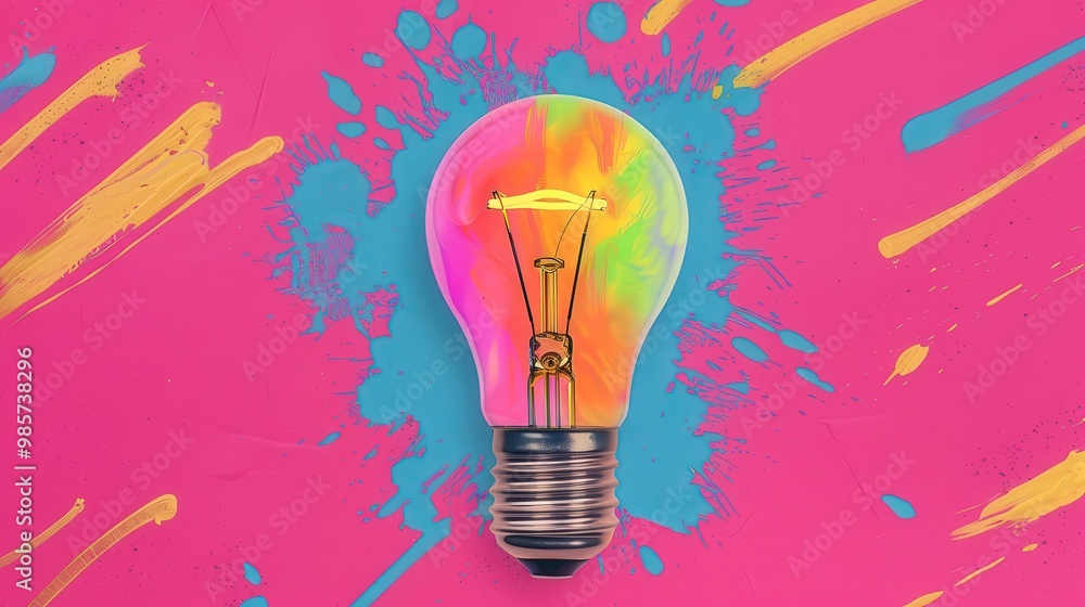 Colorful Burst of Light, a striking display of a bright bulb surrounded by vibrant paint splashes, showcasing dynamic artistic expression in vivid detail. Colorful Burst of Light, a striking display of a bright bulb surrounded by vibrant paint splashes, showcasing dynamic artistic expression in vivid detail.