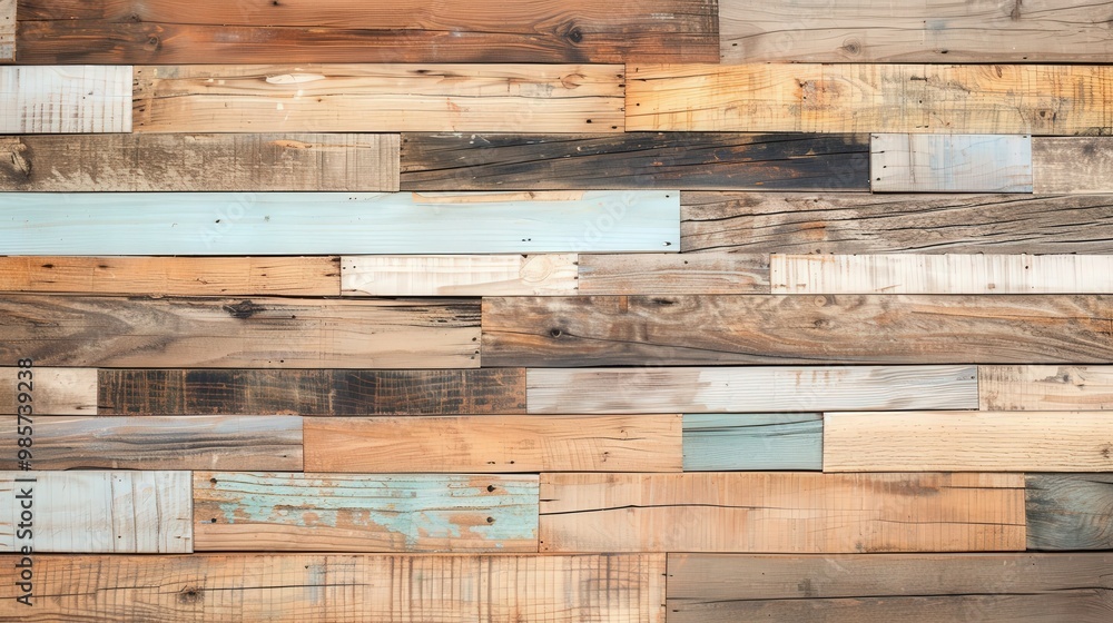 Obraz premium Reclaimed Wood Mosaic, an eco-friendly design showcasing a vibrant array of tones and textures in a three-dimensional backdrop, perfect for sustainable decor enthusiasts.