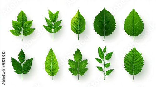 Green Leaf Icon Collection, vibrant set of various tree and plant leaf designs, ideal for use in natural, eco-friendly, organic, and vegan branding and labeling.