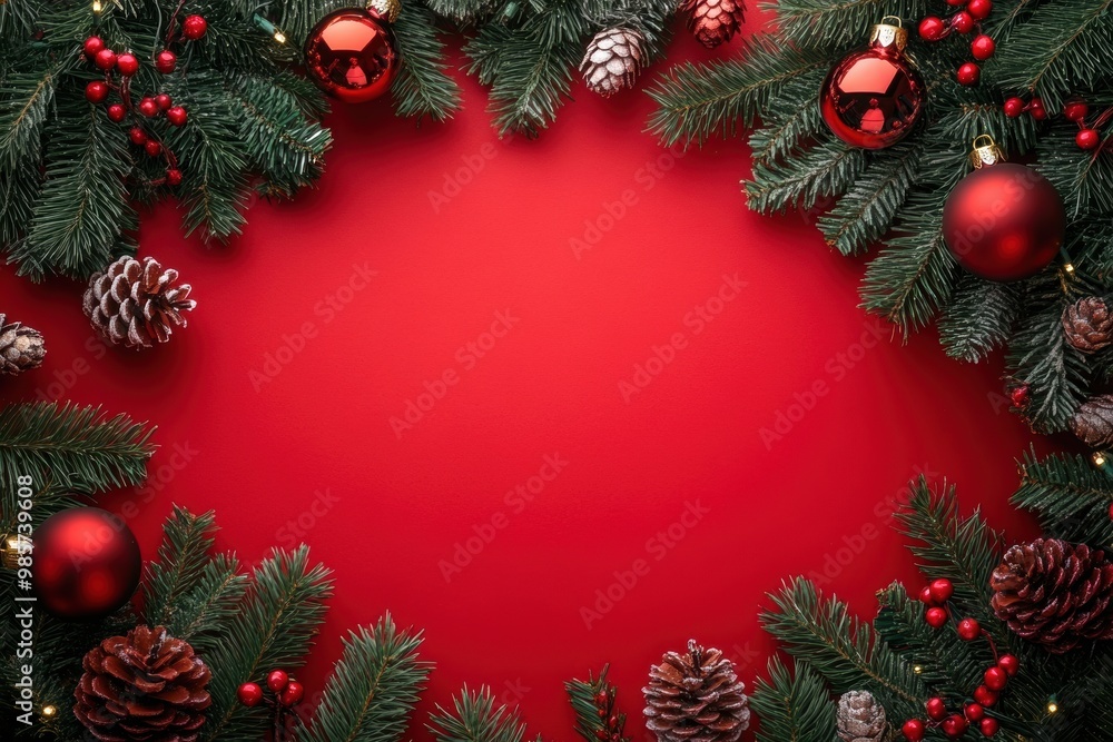 Festive Christmas frame with fir branches decorations on red background Festive Christmas frame with fir branches decorations on red background