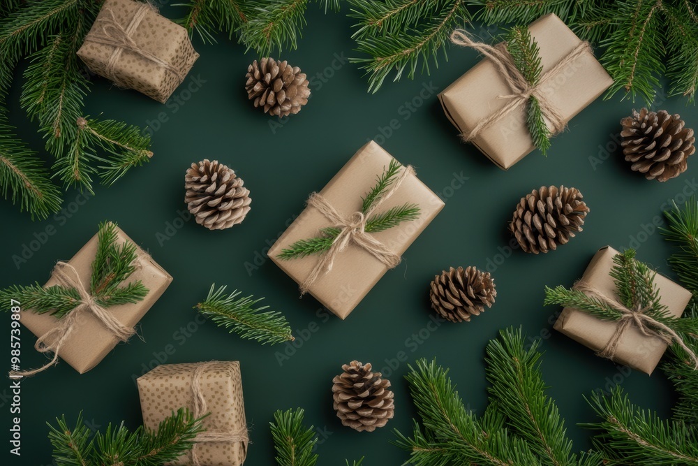 Festive holiday gifts wrapped in eco-friendly paper amidst pine branches Festive holiday gifts wrapped in eco-friendly paper amidst pine branches