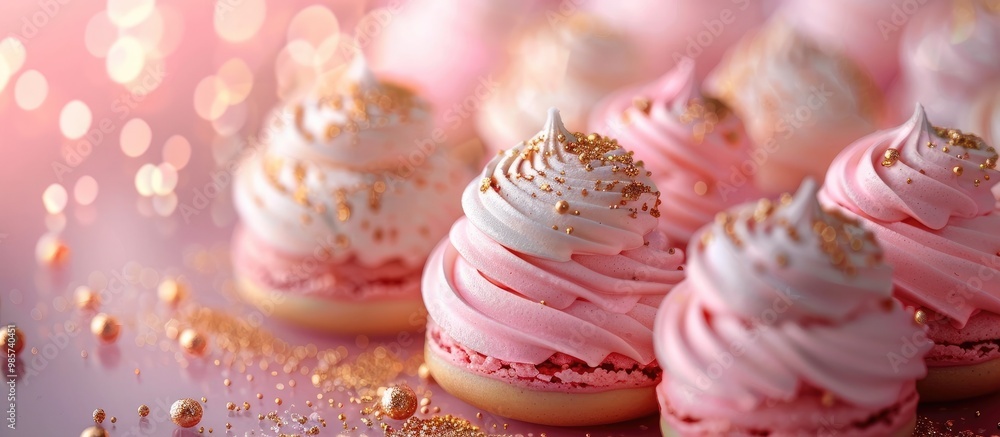 Delightful pink cupcakes with swirls of fluffy buttercream frosting and shimmering golden sprinkles against a sparkling pastel background perfect for special as a luxurious gourmet treat Delightful pink cupcakes with swirls of fluffy buttercream frosting and shimmering golden sprinkles against a sparkling pastel background perfect for special as a luxurious gourmet treat