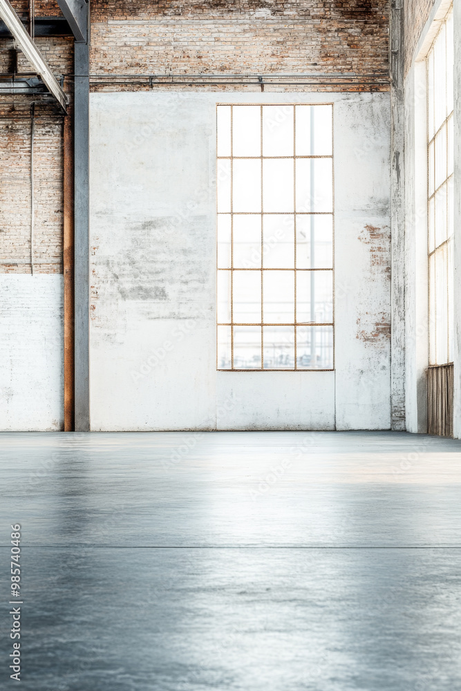 Bright, spacious industrial room with large windows reflecting morning light in an urban setting Bright, spacious industrial room with large windows reflecting morning light in an urban setting