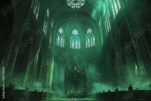 A large, empty cathedral interior with high vaulted ceilings, arched windows, and stained glass in a green hue.