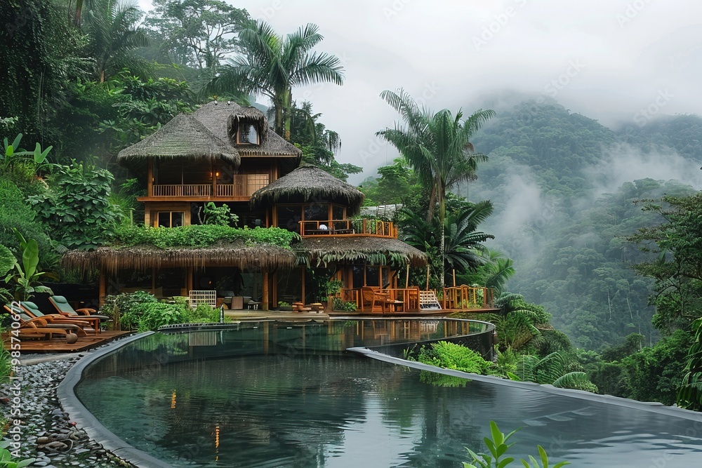 Sunset over a tropical rainforest with a house Sunset over a tropical rainforest with a house
