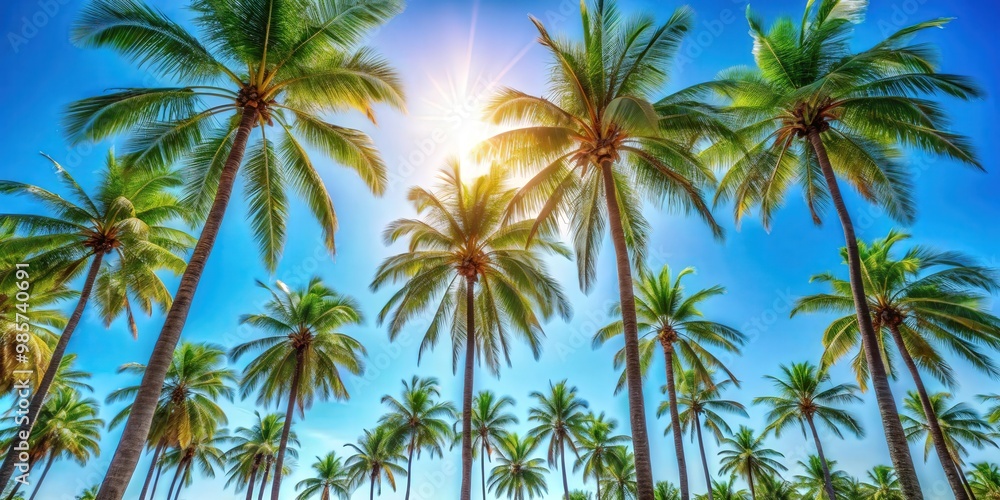 Looking up at a clear blue sky framed by palm trees, perfect for tropical and vacation themed designs Looking up at a clear blue sky framed by palm trees, perfect for tropical and vacation themed designs