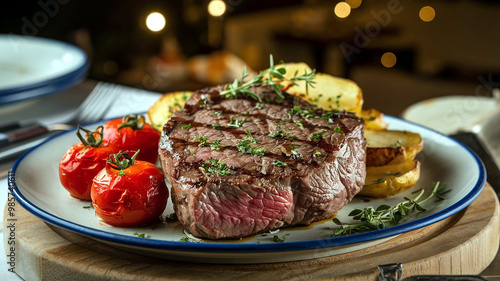 A mouthwatering plate of medium-rare grilled sirloin steak with herbs, baked cherry tomatoes, and potatoes, served in a soft restaurant setting. Perfect for culinary and gourmet presentations. 
