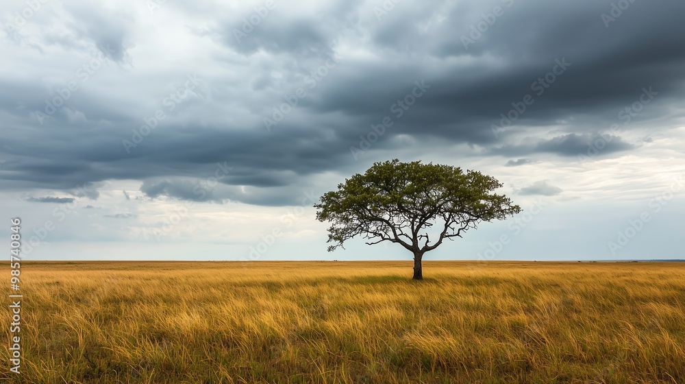 A stunning image of a solitary tree standing tall in a vast savannah, framed against a dramatic sky filled with swirling clouds. A stunning image of a solitary tree standing tall in a vast savannah, framed against a dramatic sky filled with swirling clouds.