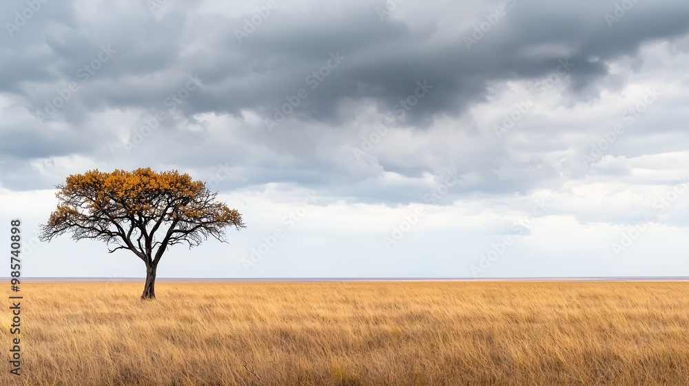 A stunning image of a solitary tree standing tall in a vast savannah, framed against a dramatic sky filled with swirling clouds. A stunning image of a solitary tree standing tall in a vast savannah, framed against a dramatic sky filled with swirling clouds.