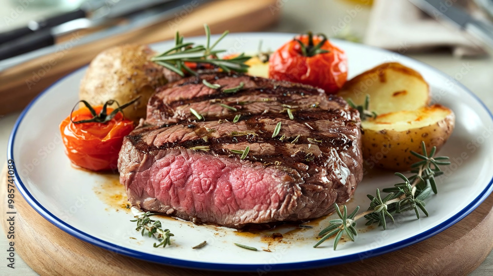 A mouthwatering plate of medium-rare grilled sirloin steak with herbs, baked cherry tomatoes, and potatoes, served in a soft restaurant setting. Perfect for culinary and gourmet presentations. A mouthwatering plate of medium-rare grilled sirloin steak with herbs, baked cherry tomatoes, and potatoes, served in a soft restaurant setting. Perfect for culinary and gourmet presentations.
