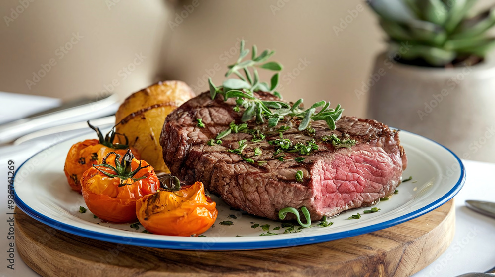 A mouthwatering plate of medium-rare grilled sirloin steak with herbs, baked cherry tomatoes, and potatoes, served in a soft restaurant setting. Perfect for culinary and gourmet presentations. A mouthwatering plate of medium-rare grilled sirloin steak with herbs, baked cherry tomatoes, and potatoes, served in a soft restaurant setting. Perfect for culinary and gourmet presentations.