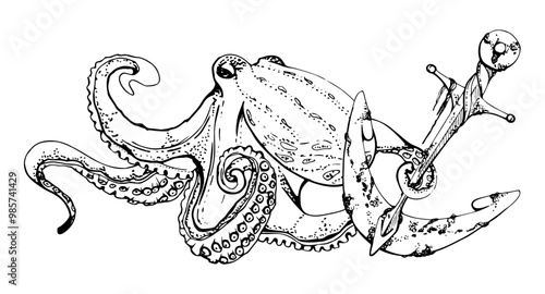 Octopus holding anchor, Marine life, sea ocean underwater creatures, Ink and pen sketch hand drawn. Composition illustration, stylized, isolated on white. For zoo shop, aquarium, cosmetics, resort