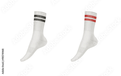  Set of two sports socks white welted mid-length with two red and black stripes on the elastic band. Isolated illustration on a white background for your sports-themed projects photo