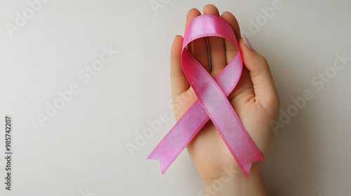 Wallpaper Mural female hand holding pink ribbon in loop shape, breast cancer symbol, on white background, world breast cancer day, october 15, women's health, oncology, mammology, girl, prevention, disease Torontodigital.ca