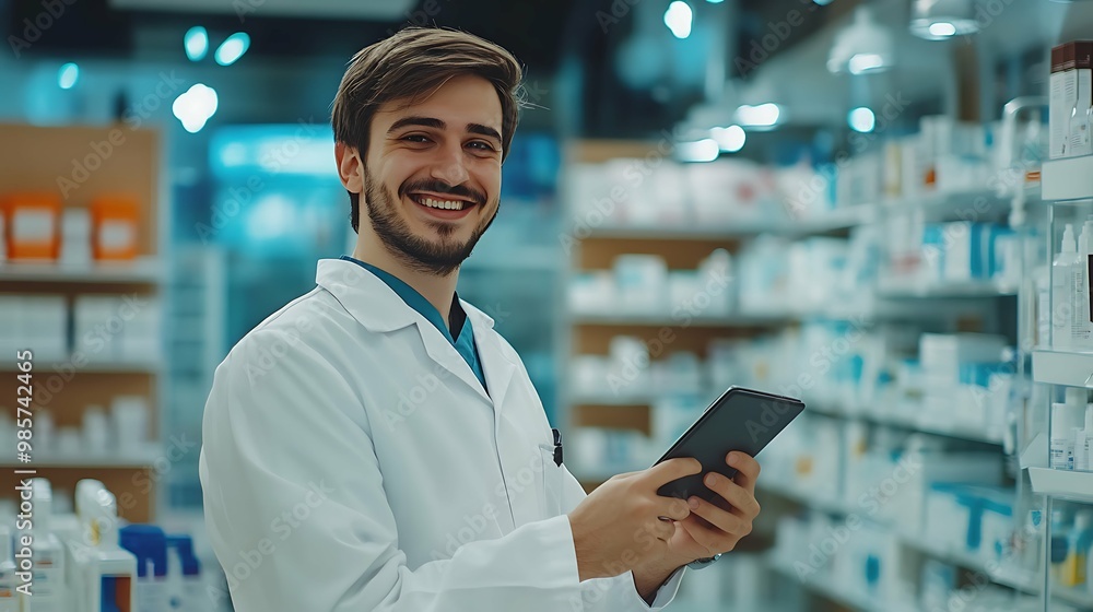 Smiling portrait of a handsome pharmacist with digital tablet Smiling portrait of a handsome pharmacist with digital tablet