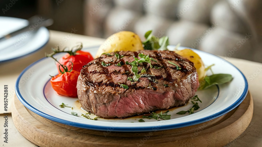 A mouthwatering plate of medium-rare grilled sirloin steak with herbs, baked cherry tomatoes, and potatoes, served in a soft restaurant setting. Perfect for culinary and gourmet presentations. A mouthwatering plate of medium-rare grilled sirloin steak with herbs, baked cherry tomatoes, and potatoes, served in a soft restaurant setting. Perfect for culinary and gourmet presentations.